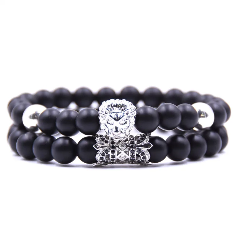 

2pcs/set Couple Bracelet Set For Homme Gothic Lion Head Bead Braslet Men Charm 8mm Matte Stone Braclet Distance Bracelet Armband