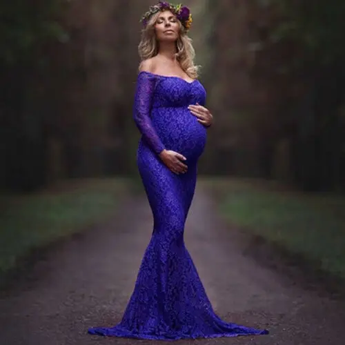 Для беременных женщин с открытыми плечами кружева Длинное Макси платье фотография материнства Prop