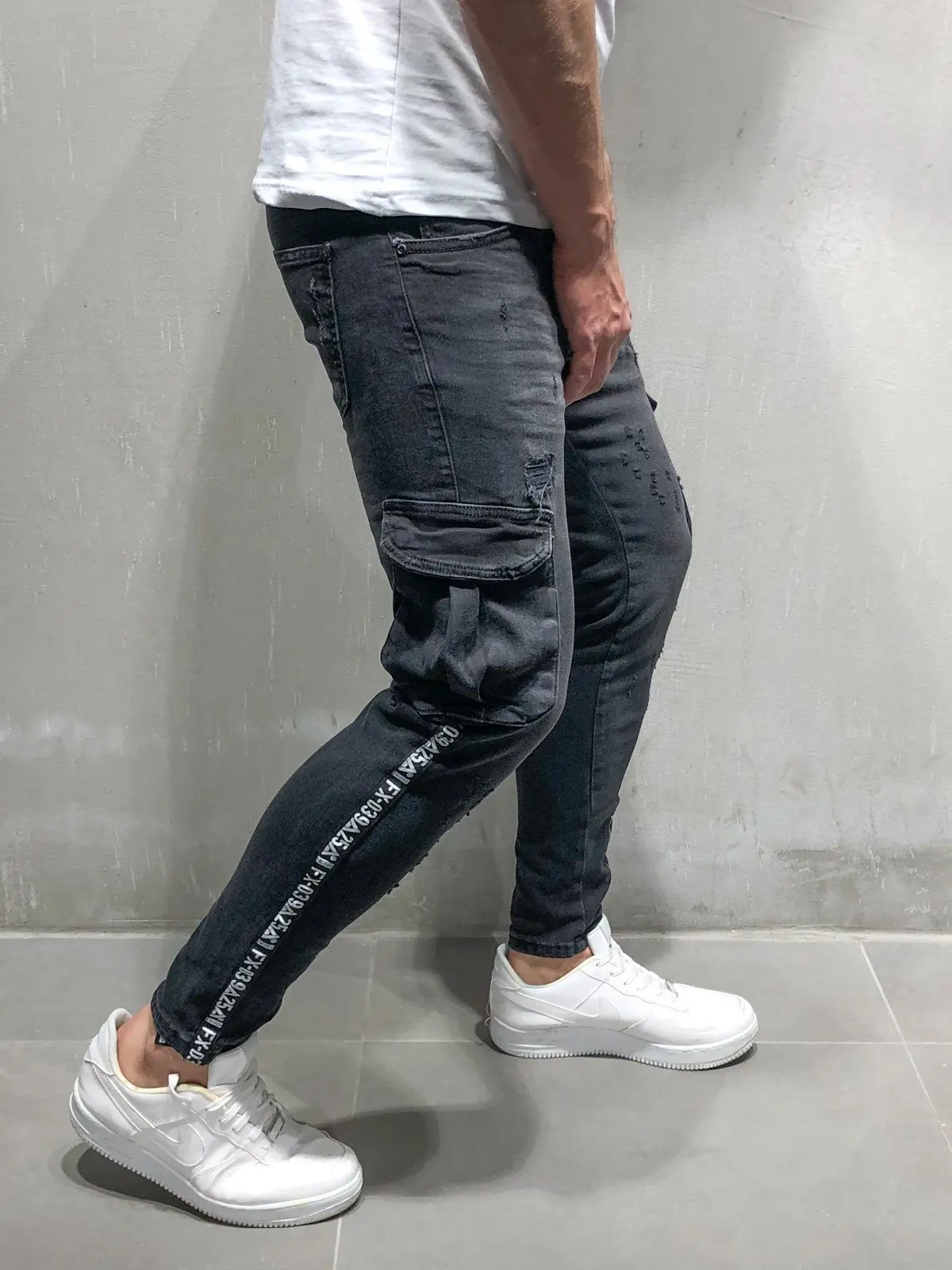 Men black Stretchy Jeans Pockets Side striped Design Fashion Ankle Zipper Skinny Jeans For Men
