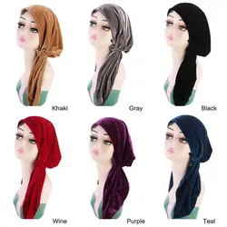 Для женщин тюрбан Кепки бархат предварительно связали платок мусульманский головной убор Шляпа Сплошной Цвет шапка-чалма женские