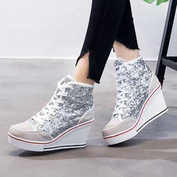 

Dropshipping 2019 Autumn Women's Shoes Glitter Vulcanize Shoes Woman Platform Wedge Sneakers Casual zapatillas mujer XYZ104