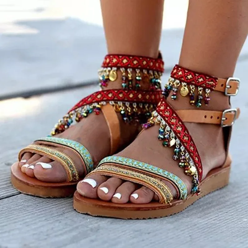 

Women flats sandals summer handmade beading bohemian ladies shoes gladiator cross strappy open toe roman beach sandals big size