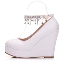 JAYCOSIN/ г.; Модная Белая обувь; женская обувь на каблуке; женские свадебные туфли на танкетке с кружевным цветком, украшенные кристаллами и ремешком; большие размеры