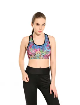 

Women Colorful Peacock Feather Fitness Short Vest Workout Wireless Underwear Seamless Stretch Tank Top Fiber Hiphop Soft Bra