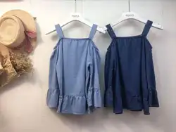 2018 Новая мода синий Женская Летняя туника Сорочка Роковой с открытыми плечами укороченный блузка женственный сексуальный Для женщин