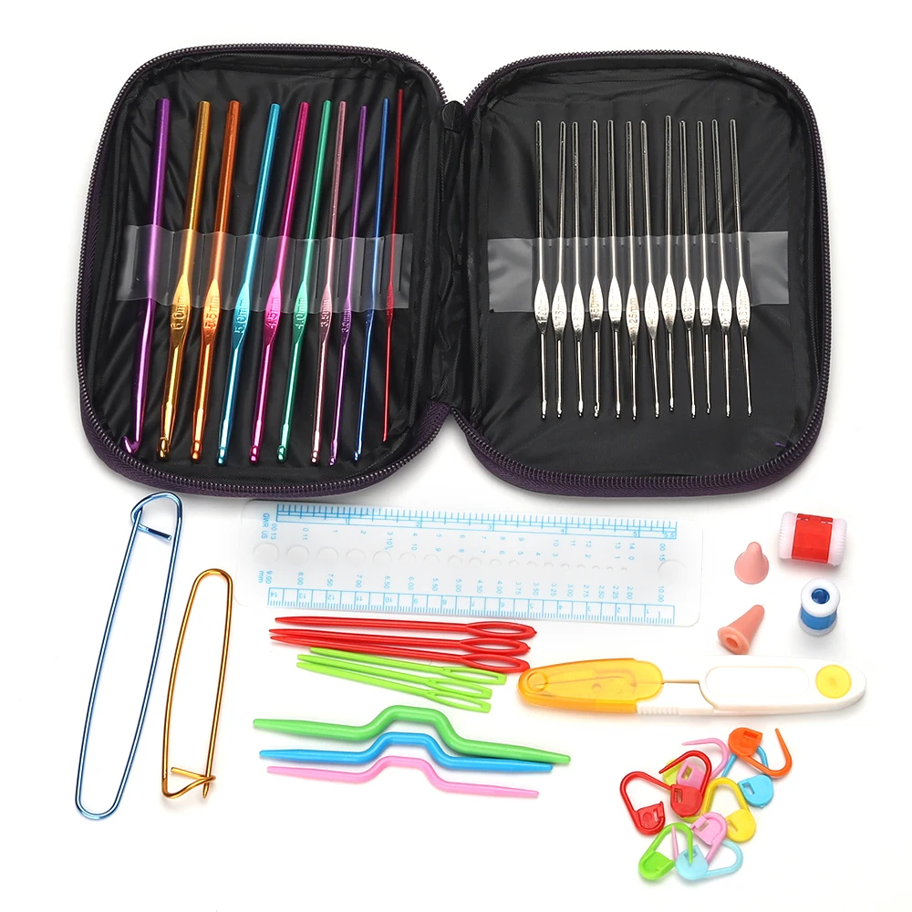 Amo 47 Pcs/ Set Colourful Aluminiu Crochet Hooks Stitches Knitting Kit with Zipper Organizer Case DIY Crafts Home Supplies