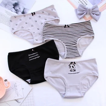

4 Styles Cute Women Cartoon Panda Letter Striped Printed Bowknot Cotton Briefs Underwear Panties for Woman C0079