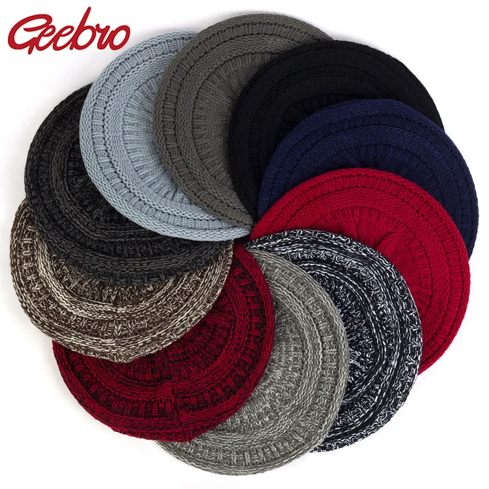 Geebro Coarse Wool Knit Berets For Women Female Fashion Stitching Color Caps Winter Warm Hats Turban Wraps Girls Acrylic Hats