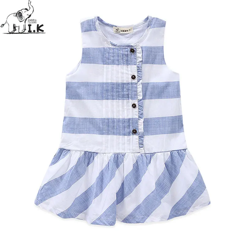 

I.K Children Dresses Summer 2017 New Brand Baby Girls Dress Kids Blue and White Striped Casual Cute Beach Trumpet vestidos B1012