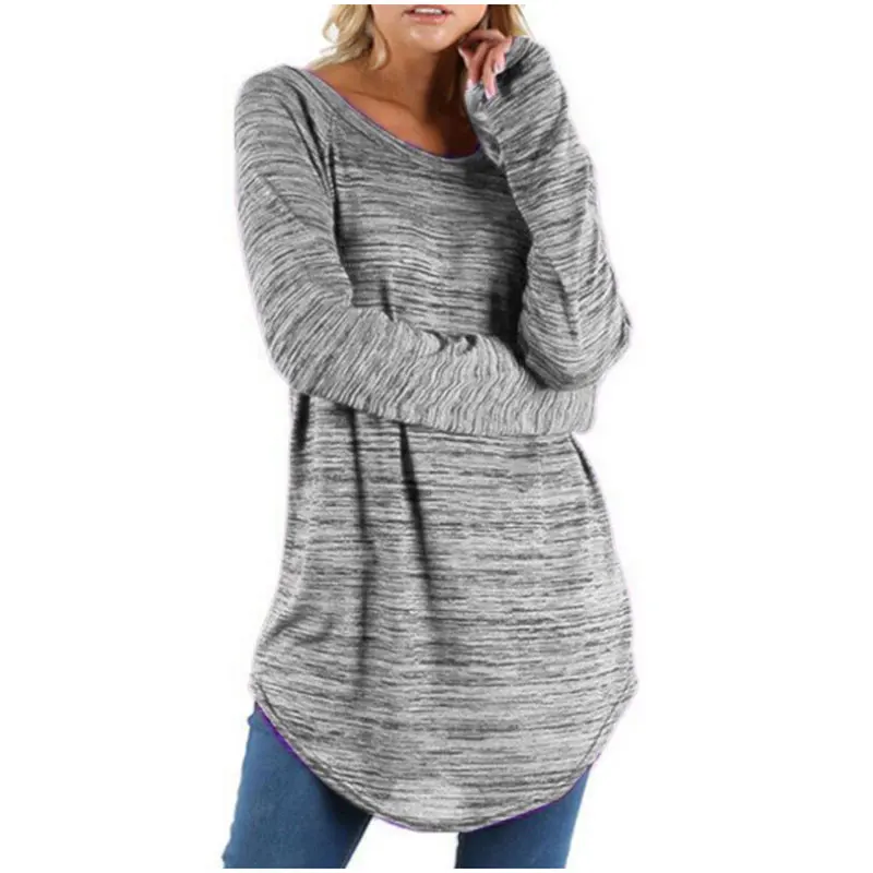 Новые длинные футболки женские осенне-зимние повседневные хлопковые свободные однотонные пуловер с круглым вырезом футболки с длинными рукавами Большие размеры женские
