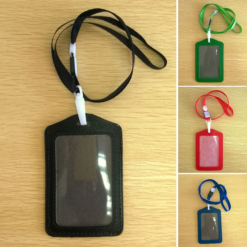 

PU Leather Neck Strap ID Card Bus holders candy color coin pouch Identity badge with lanyard Bank Credit Card bag scratches
