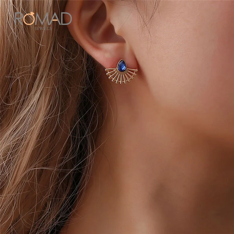 

2018 Bohemian Hollow Big Fan Blue stone Stud Earrings For Women gold Silver Color Fashion Pendientes Jewelry Aretes De Mujer Z4
