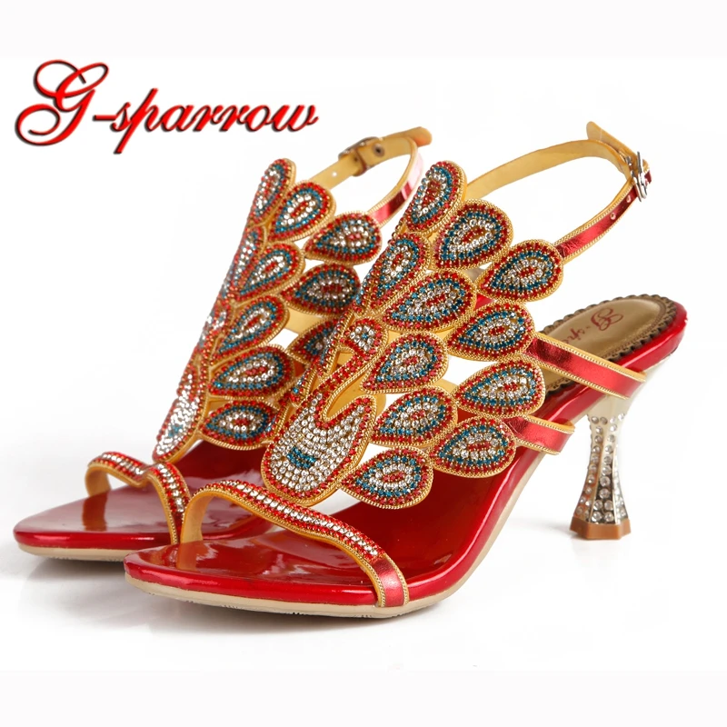 

Red Rhinestone Bridal Wedding Shoes Summer Sandals Back Strap Wine Cup Heel Women Dress Shoes Party Prom High Heels in Size 44