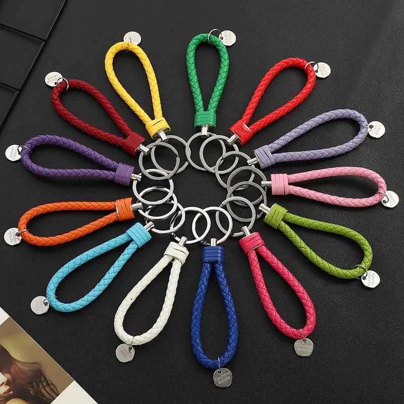 

Hand Woven Leather Car Keychain Round Keyring Multi Colors Key Holder DIY Decoration Pendants Key Chain Creative Gift Llaveros