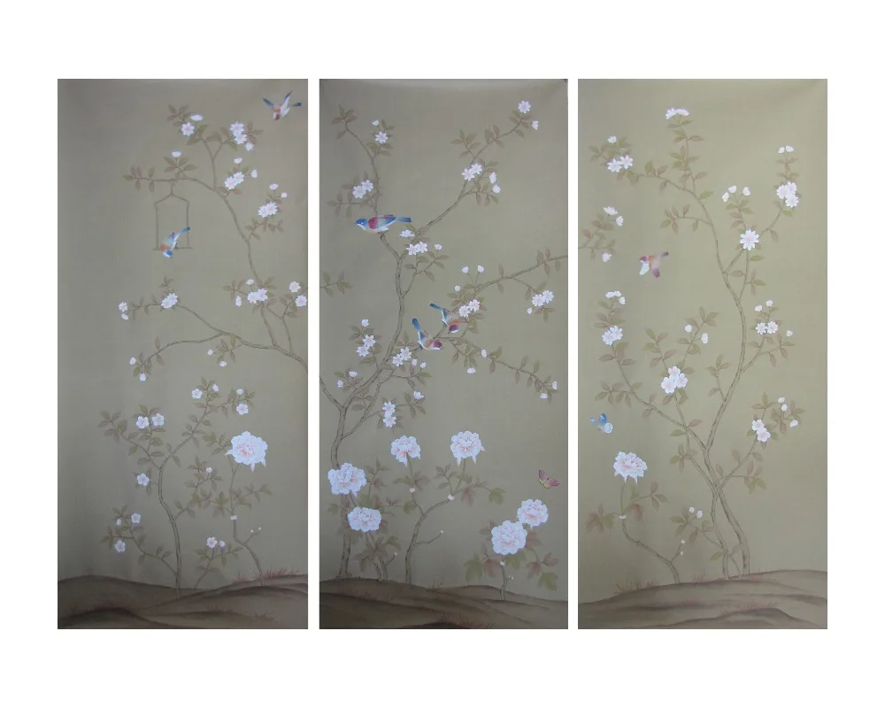 

Customized Classic style elegant Hand-painted silk wallpaper painting flowers with birds many patterns and background optional