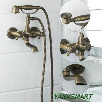 

YANKSMART Antique Brass bathtub wall mount shower sprayer + control valve phone style hand shower bathroom set