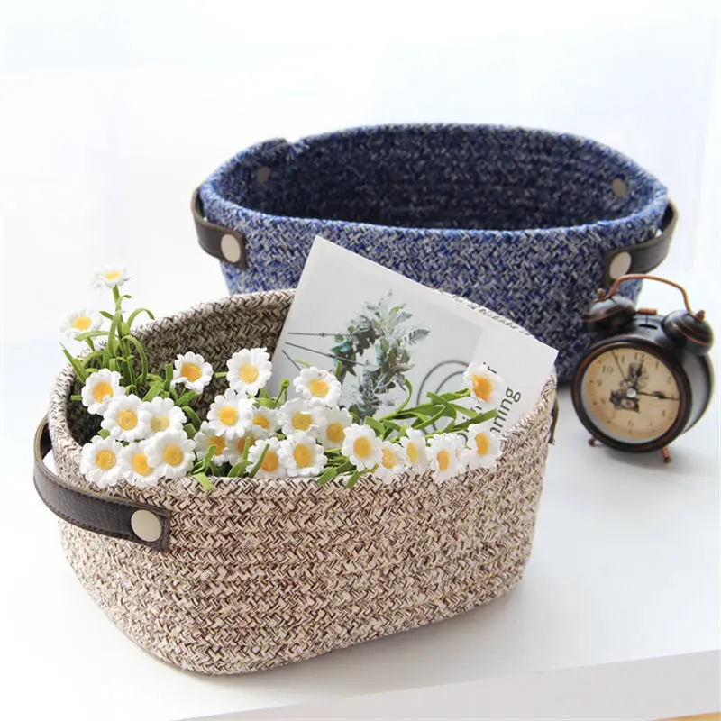 

Cotton Woven Storage Basket with Leather Handle Home Cotton Rope Sundries Toy Finishing Basket Books Snack Socoks Underwear Box