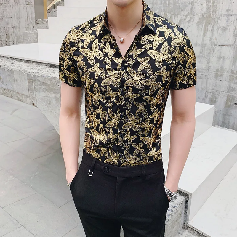 Мода Летняя мужская рубашка абсолютно Slim Fit Мужская одежда рубашки яркие бронзовые уличный с короткими рукавами рубашка мужская 3XL-M