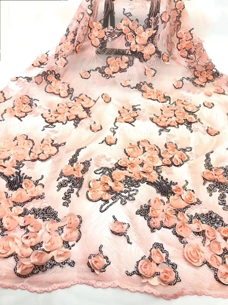 

Free shipping (5yards/pc) very beautiful 3d flowers appliqued French net lace fabric with sequins embroidery for dress FZZ108