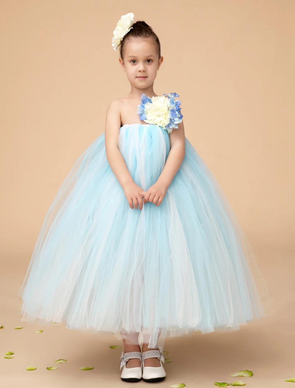 Fashion sky blue Ball Gown Tulle little girl dresses with flower kids girl party dress TUTU