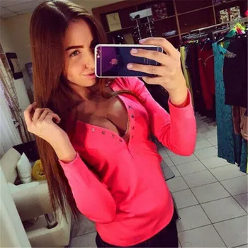 

Multi-color Women Fashion Long Sleeve Sexy Deep V-neck Sheath Shirt Lady Casual Solid Button Blouse Hot Style