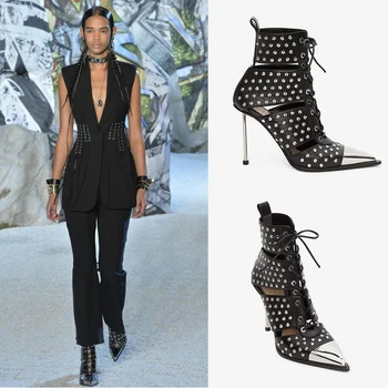 

Rivets Women Boots Lace-up High Heel Black Runway Shoes Plus Size Pointed Toe Summer Botas Genuine Leather Motorcycal Ankle Boot