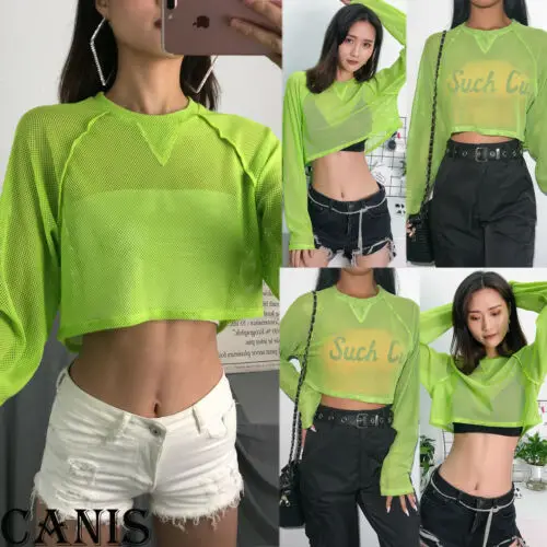 Women Sexy Boob Long Sleeve See-through T-shirt Bralet Net Sheer Mesh T Shirt Tops Transparent Short Style Tshirt Street wear