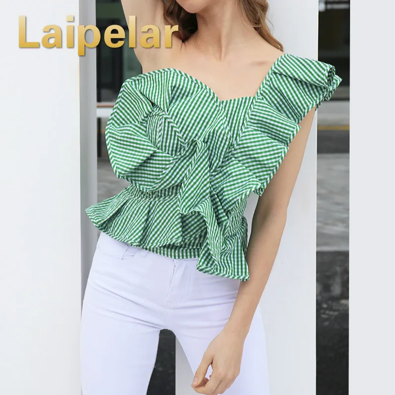 

Laipelar 2018 One Shoulder White And Blue Striped Ruffle Blouse High Low Shirt Summer Korean Ladies Top With Flounces Clothing