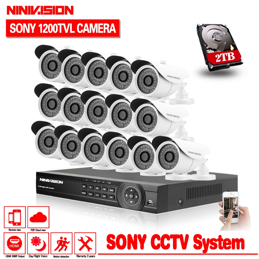 16-канальный видеорегистратор HDMI 1080 P AHD 1080N DVR CCTV HD 1/" CCD 1200TVL Водонепроницаемая камера безопасности видеонаблюдение комплект Системы 2 ТБ HDD