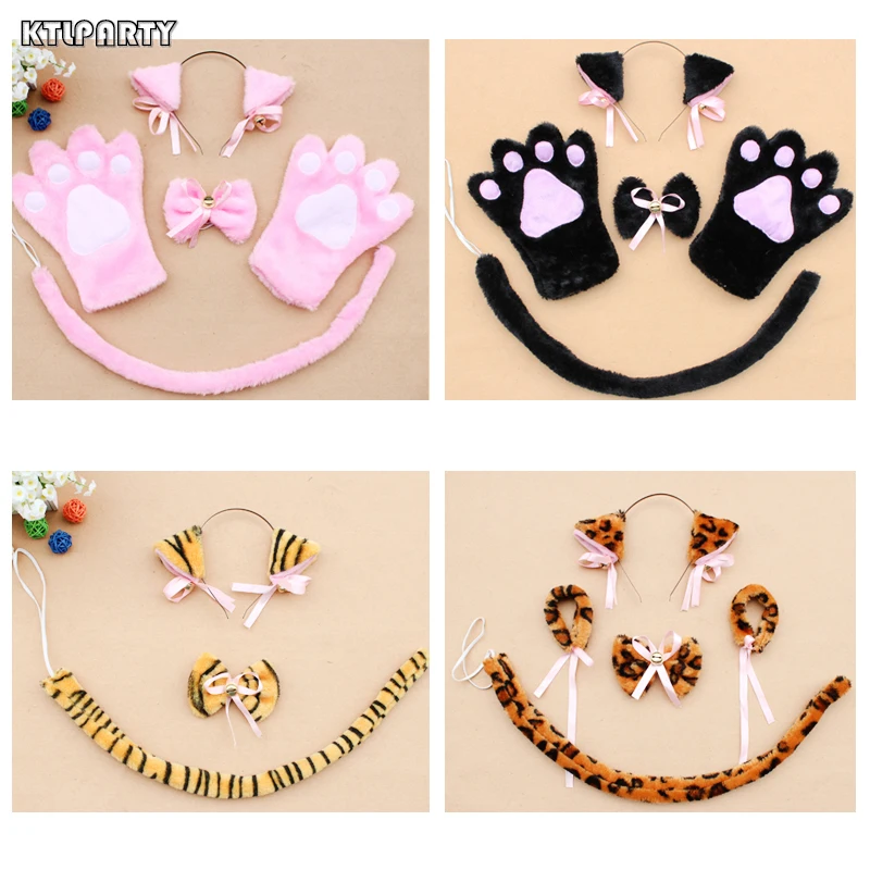 

Animal white black cat tiger anime neko ears headband bow tie 60cm tail plush gloves Christmas Easter hairband party adult kid