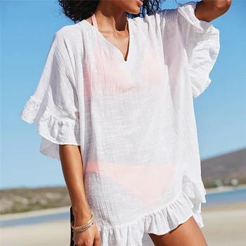 

Women's Linen Bikini Swimwear Cover Ups Blouse Ruffled Solid Beach Dress Sun protection Holiday Plage Swimsuit Covers 2019