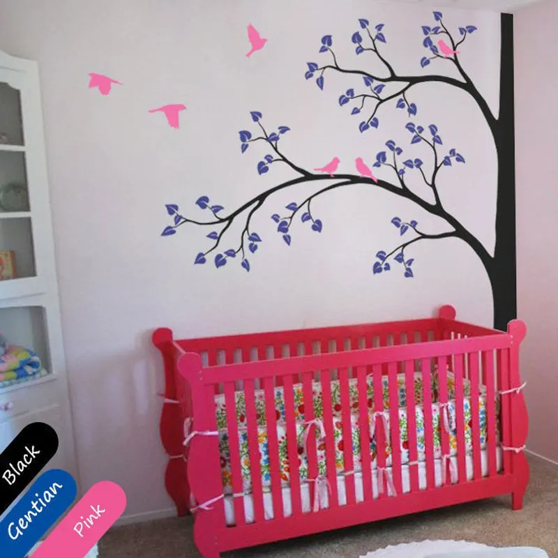 Large Size Corner White Tree With Leaves And Birds Wall Sticker Vinyl Home Decor Nursery Kids Baby Bedroom Decals Murals 3522