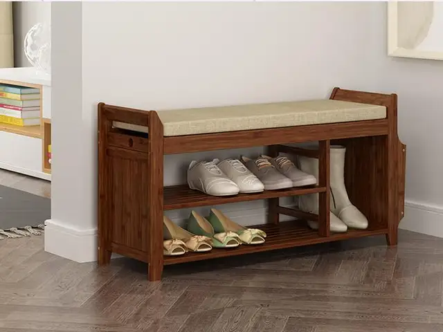 Natural Bamboo Shoe Storage Rack Bench With 2 Tier Cushion Seat Natural Bamboo Shoe Storage Rack Bench With 2 Tier Cushion Seat Living Room Organizer Entryway Hallway Furniture