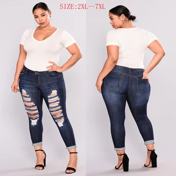 

PLUS SIZE casual Jeans Women High Waist Skinny Pencil jeans Denim Pants women ripped hole Jeans women 4XL 5XL 6XL 7XL big hip