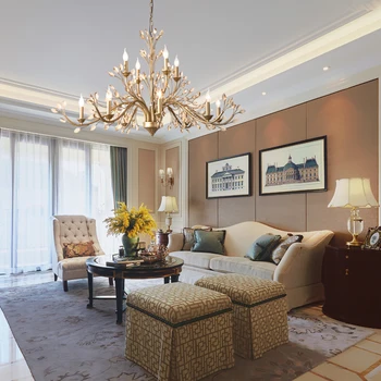 

American living room light luxury crystal chandelier French villa apartment hall personality restaurant double wrought iron lamp