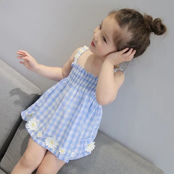 

Summer girls beach Dress baby dress kids vintage Vestidos Children strap Clothes check plaid embroider floral elastic 2 to 7 yrs