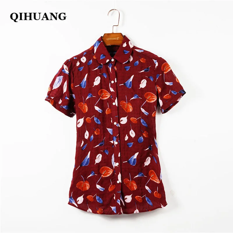 QIHUANG 2018 الصيف المرأة قصيرة الأكمام قميص البلوزات الأزياء المطبوعة بدوره إلى أسفل طوق الإناث البلوزات زائد حجم العمل ارتداء قمصان