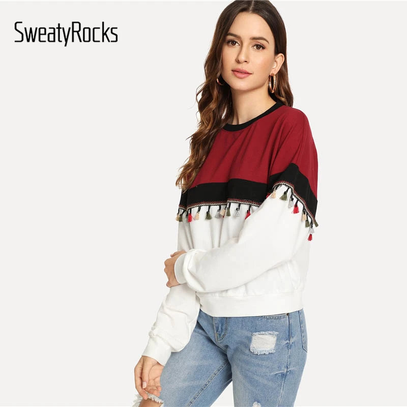 Kopen SweatyRocks Casual Knippen en Naaien Kwastje Detail Sweatshirt Lange Mouwen Colorblock Dame Tops 2018 Nieuwe Herfst Vrouwen Sweatshirts