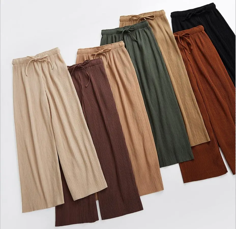 

girl pants Lace-up nine-point chiffon pleated wide-leg pants women loose high waist slim casual flared women pants long