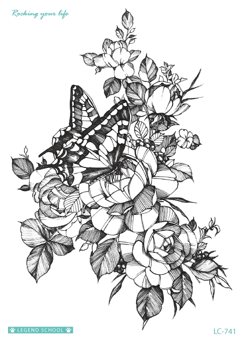 MB черный эскиз тату лошадь тату волк птица змея поддельные татуировки боди-арт Временные татуировки наклейки цветы Tatuagem - Цвет: LC-741