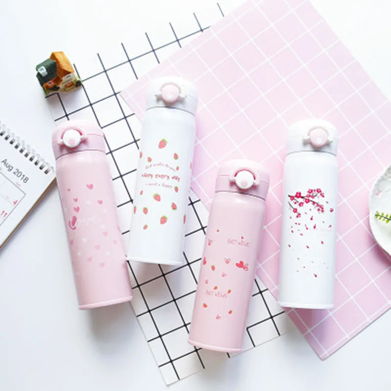 

BearPaw New Women Cute Lock Vacuum Flasks Printed Flowers&Words Thermoses For the Hot&Cool Water Portable For Outdoor Sports