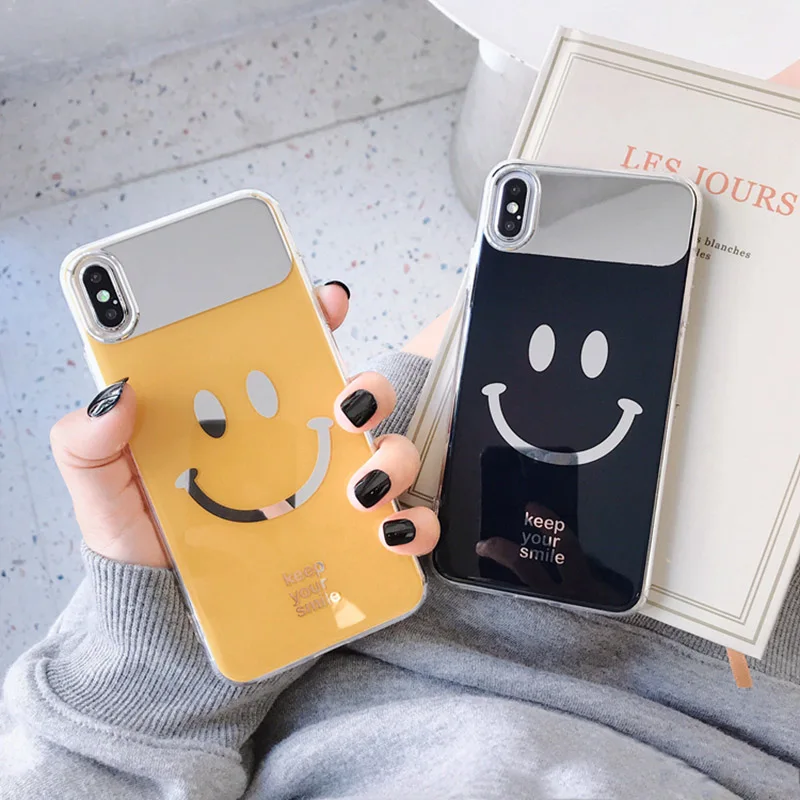 

Cute Smile Face Mirror Phone Case For iphone XS Max XR X 8 7 Plus Cases For iphone 6S 6 Fashion Couples Soft Cover Glossy Capa