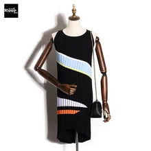2018 New Basic Knitted Dress Women Autumn Winter Sleeveless Striped Fashion Mini Sweater Dress Irregular Contrast Color Vestidos