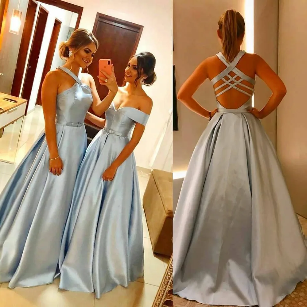 

Sky Blue Prom Dress Long 2019 Elegant Cheap Off the Shoulder Backless Floor Length Women Formal Evening Dresses vestidos de gala