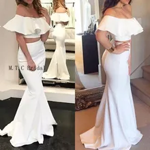 Белые платья выпускного вечера из 2 частей с открытыми плечами лодочкой шеи длиной до пола Сатиновые Длинные бальные платья русалки дешевые женские вечерние платья