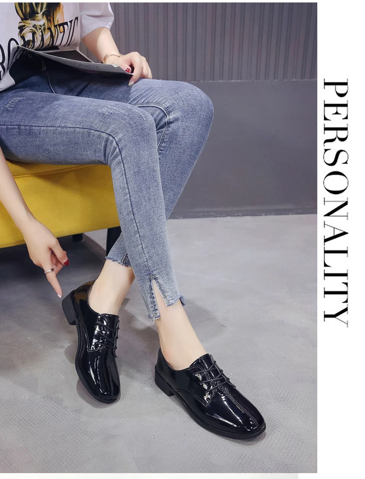 New Black Sneakers Women Shoes Oxfords Female Loafers Flats Patent Leather Slip on Platform Shoes Woman Lace Up Ladies Shoes