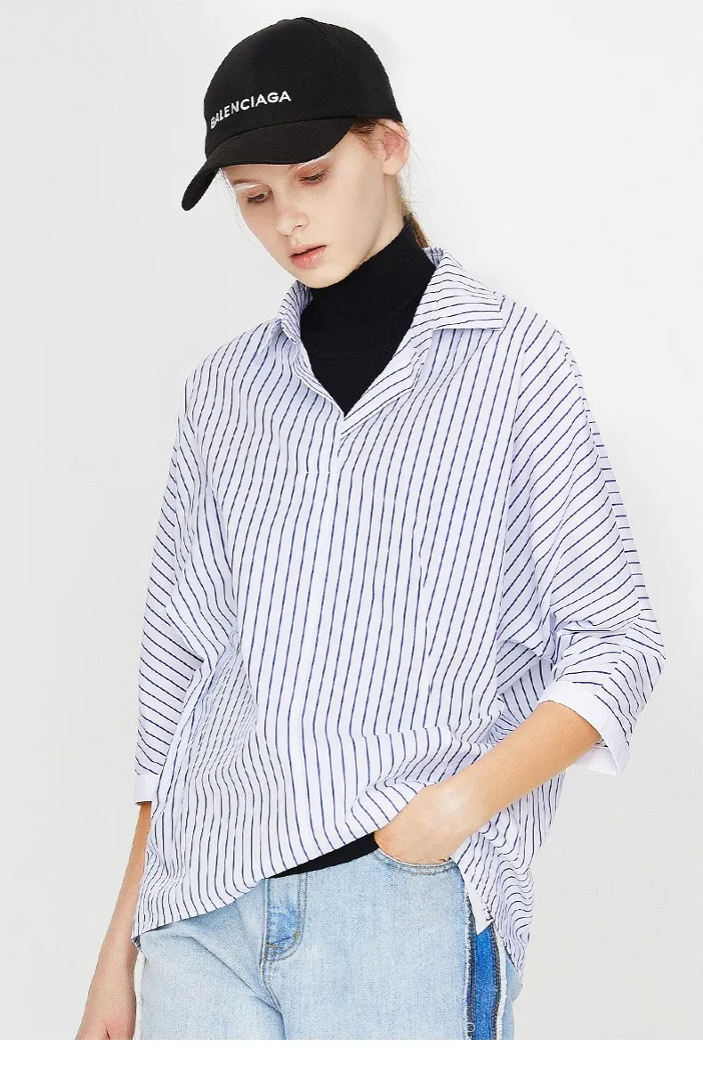 Toyouth New Loose Women Autumn Blouses Asymmetrical Patchwork Batwing Sleeve Blouse All Match Striped Female Tops Shirts