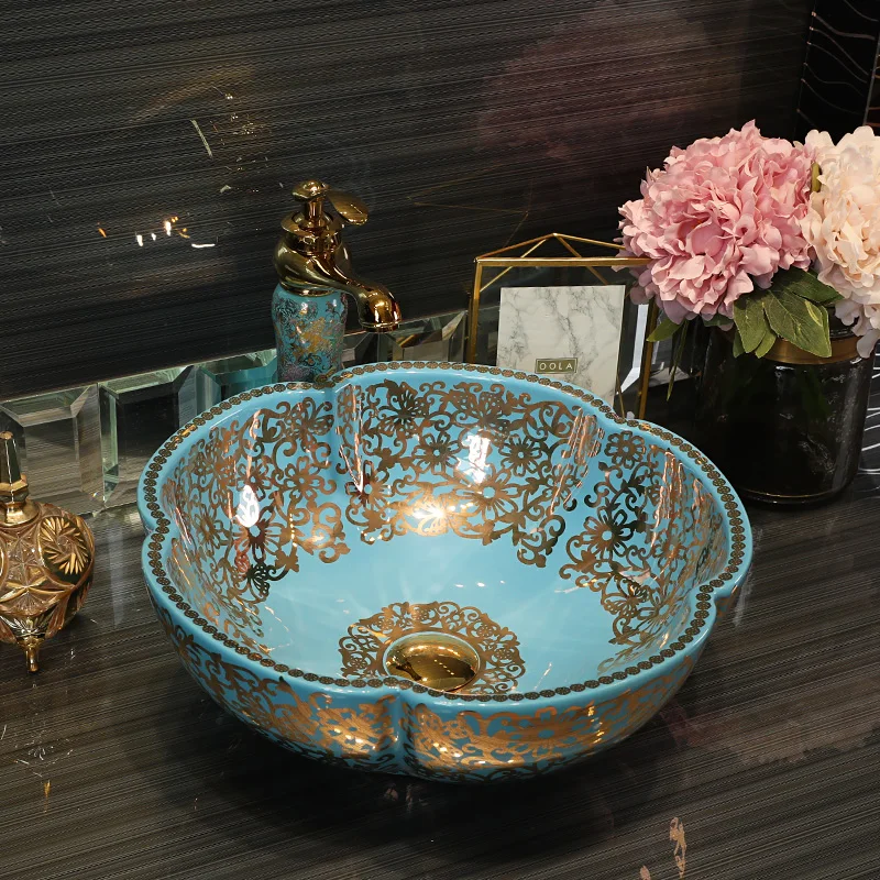 Изображение в китайском стиле голубое керамическое блюдо с рисунком искусство Lavabo Ванная комната сосуд раковины круглый счетчик топ цвет умывальник раковины для ванной комнаты Винтаж