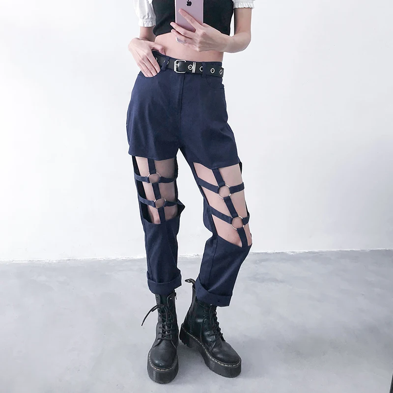 

High Waist Pocket Hollow Ring Buckle Hole Sexy Punk Loose Straight Women Cargo Jogger Streetwear Harajuku Pant Harem Hiphop Cool