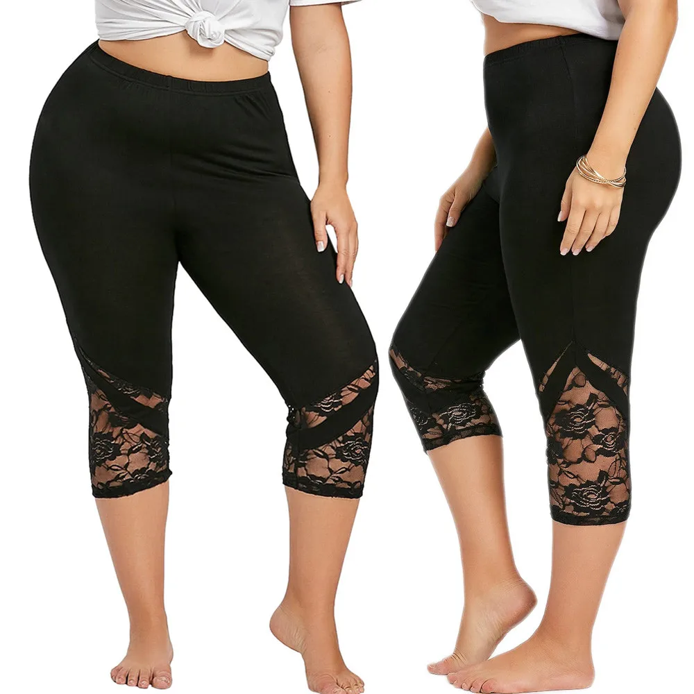 Размера плюс Для женщин летние кружевные брюки для девочек эластичные укороченные Леггинсы брюки для девочек модные женские туфли кружевные узкие спортивные леггинсы брюки для девочек#606 - Цвет: Черный